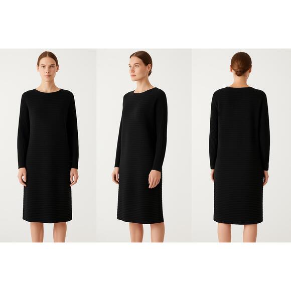 COS Black Long Sleeve Knee Length Round Neck Ribbed Knit Dress Womens Size Mediu - Picture 1 of 8